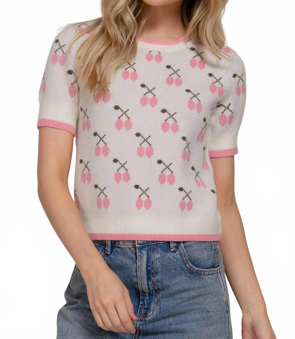 NEW ACTIVE BASIC short sleeve contrasting edge sweater in off white/pink